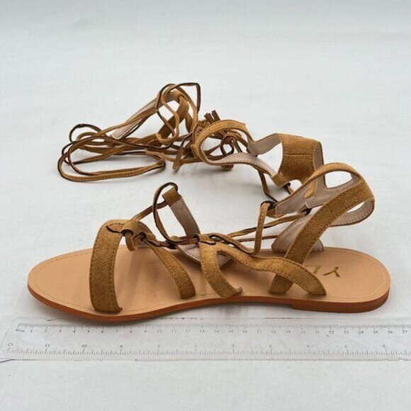 YDN Women  Knee High Lace up Flats Fringe Low Heel Gladiator Strap Sandals Brown - Picture 2 of 7
